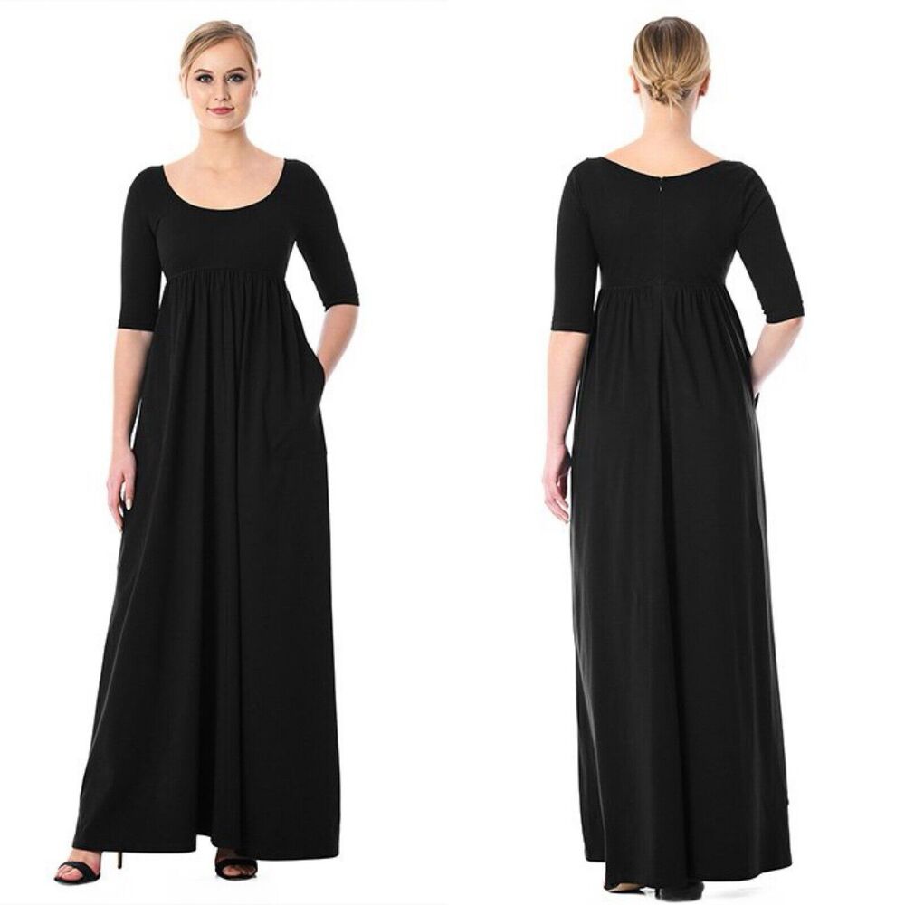 eShakti Womens Black Cotton Knit Empire Maxi Dress Plus Size 1X 18W Short Sleeve